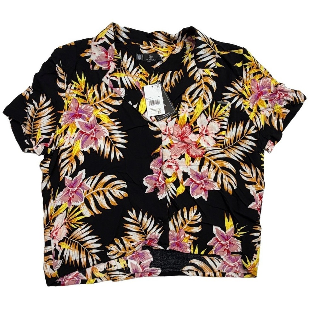 NWT Volcom‎ Gen Wow SS Floral Camp Shirt Women's S Black Hawaiian Top